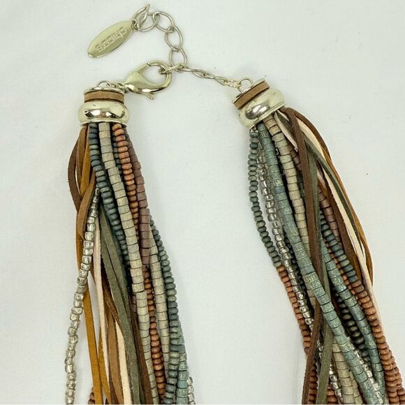 Chico's SERENA Brown Green Wood Bead Leather Multi Strand Boho Charm Necklace - Picture 8 of 16